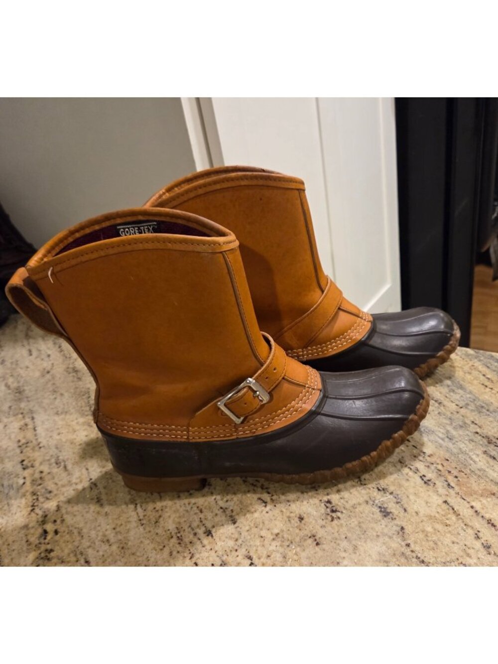 LL Bean Lounger Boots Mens 8 Brown Leather Rubber Duck Boots Buckle Strap Gortex
